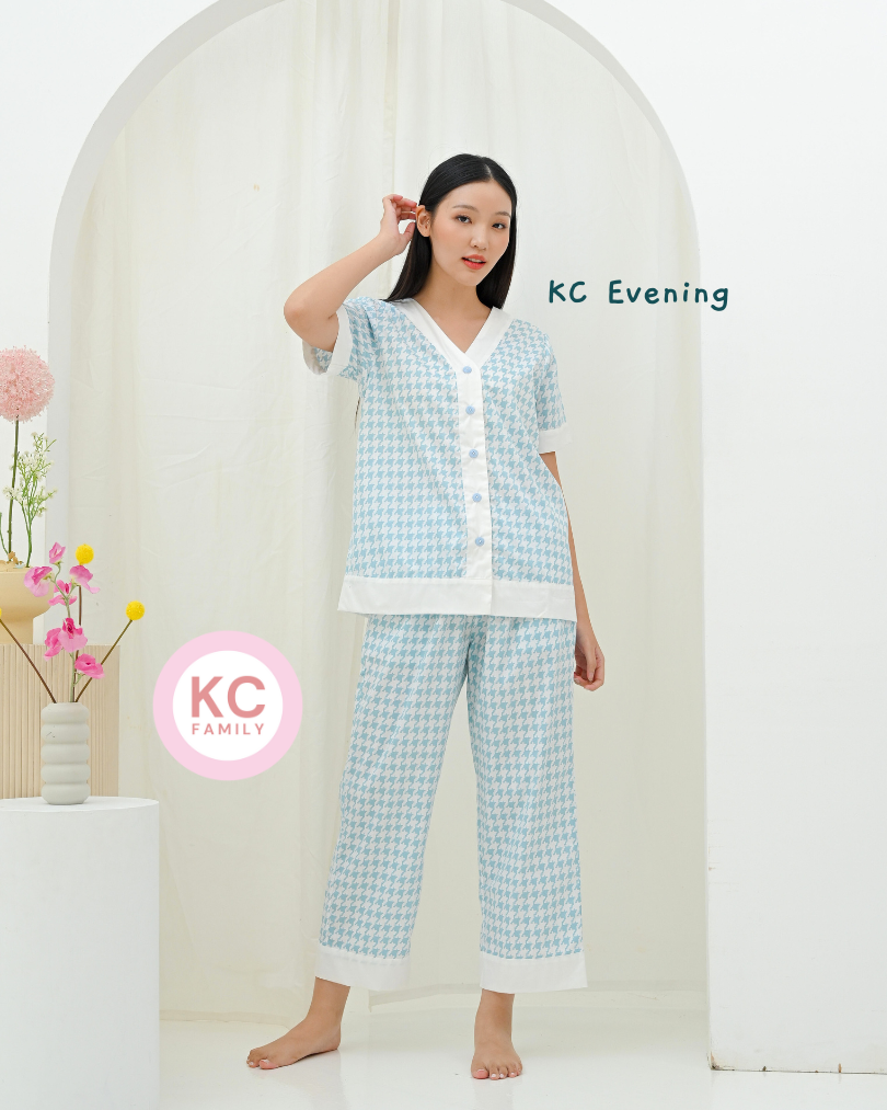 KC Evening Light Blue Piyama Wanita  Baju Tidur Lengan Pendek Celana Panjang