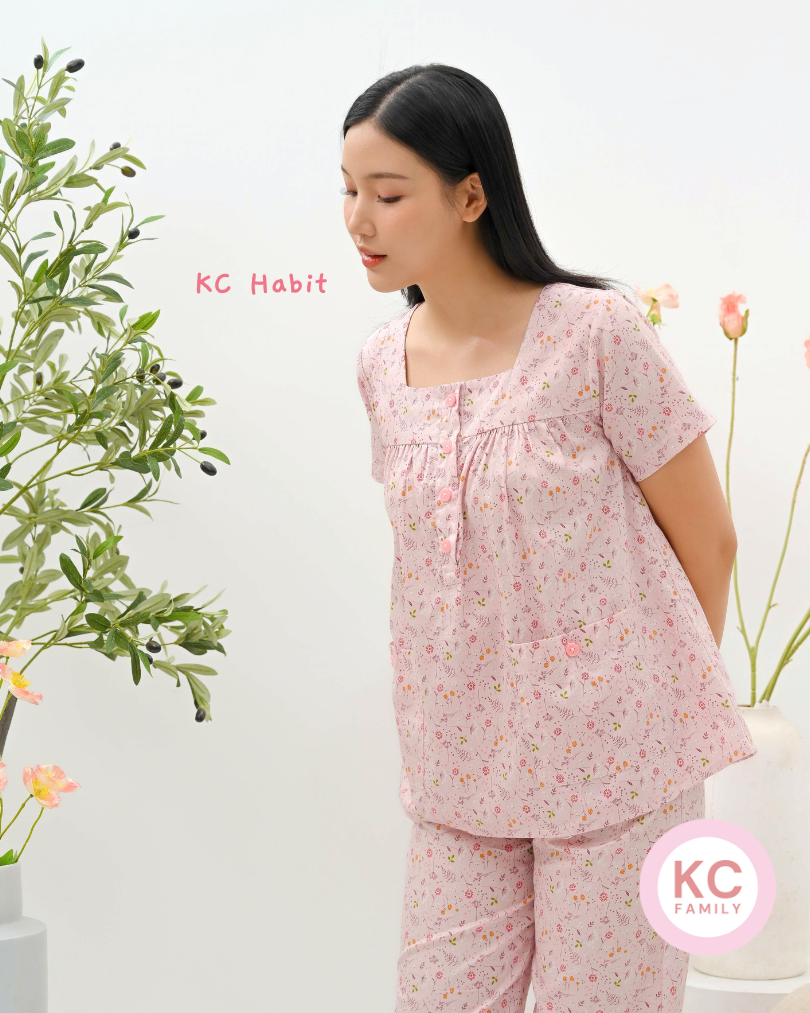 KC Habit in Floral Doodle Piyama Wanita Lengan Pendek Celana Panjang