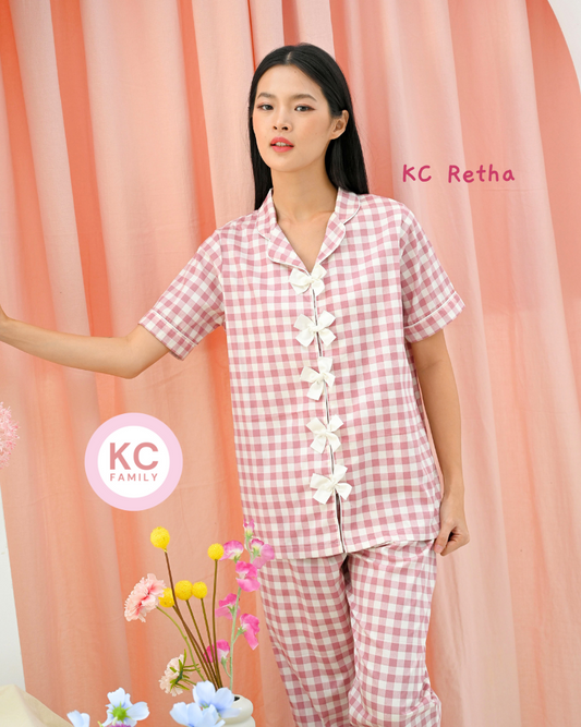 KC Retha in Ros Gingham Baju Tidur Wanita Lengan Pendek Celana Pendek