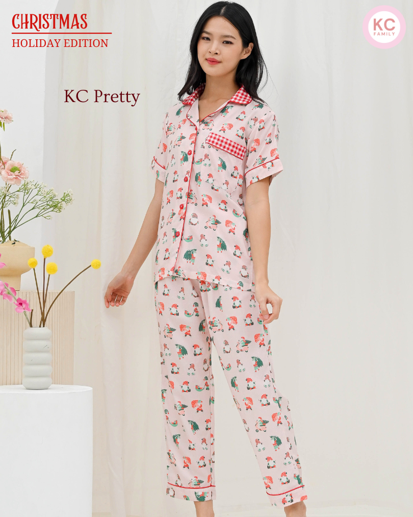 KC  Pretty In Pink Santa  Baju Tidur Wanita Piyama Celana Panjang Lengan Pendek