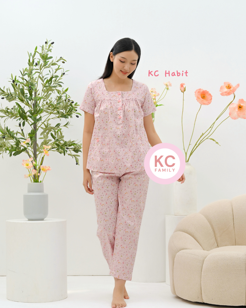 KC Habit in Floral Doodle Piyama Wanita Lengan Pendek Celana Panjang