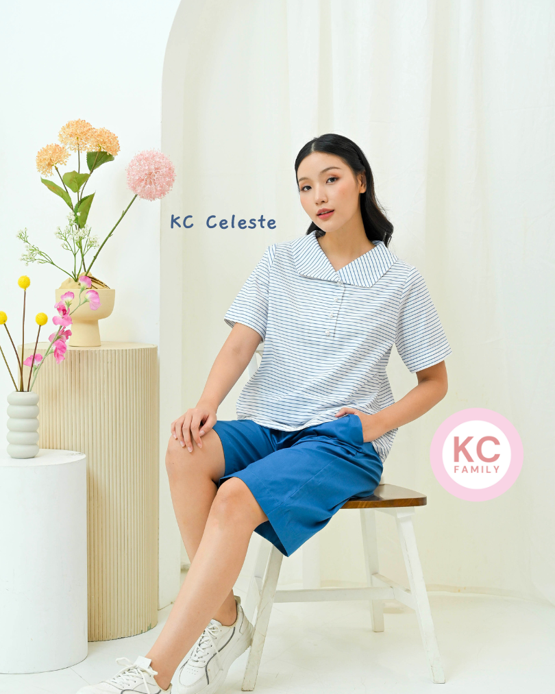 KC Celeste in London Stripe Baju Wanita Celana Selutut Lengan Pendek