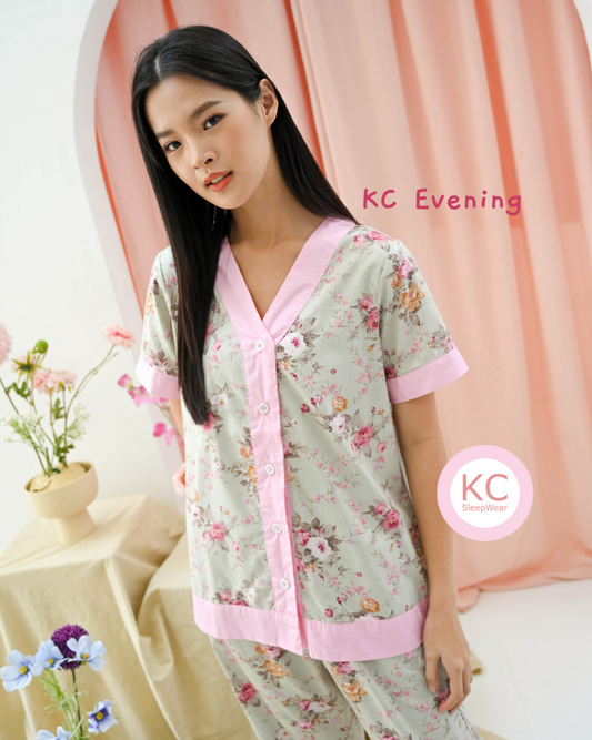 KC Evening in Mint Rose Piyama Wanita Baju Tidur Lengan Pendek Celana Panjang