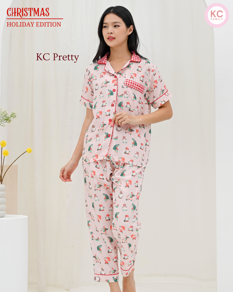 KC  Pretty In Pink Santa  Baju Tidur Wanita Piyama Celana Panjang Lengan Pendek