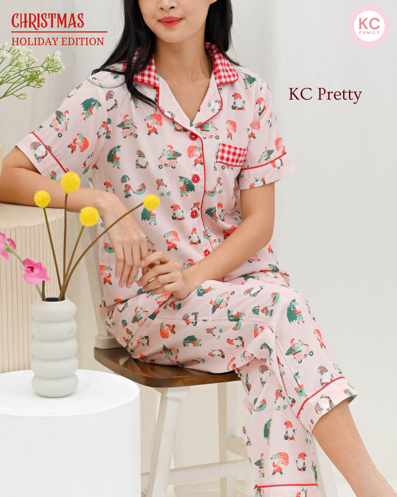 KC  Pretty In Pink Santa  Baju Tidur Wanita Piyama Celana Panjang Lengan Pendek