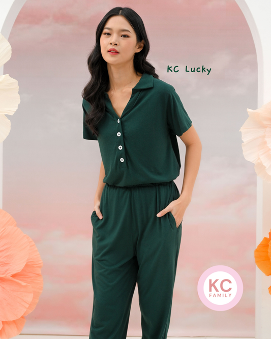 KC Lucky in Forest Green Piyama Wanita Lengan Pendek Celana Panjang Baju Tidur