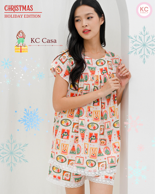 KC Casa In Holiday Stamp Piyama Wanita Baju Tidur Lengan Pendek Celana Pendek