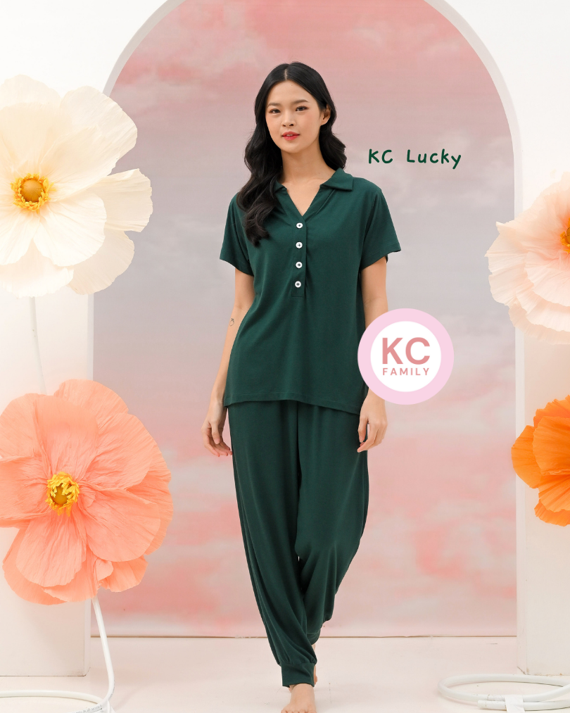 KC Lucky in Forest Green Piyama Wanita Lengan Pendek Celana Panjang Baju Tidur