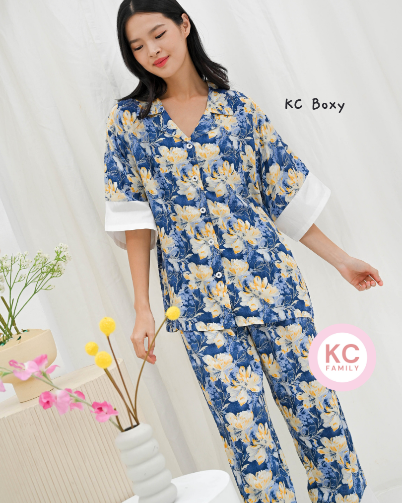 KC Boxy In Starry Galaxy Blue Piyama Wanita / Baju Tidur Celana Panjang Lengan Sesiku