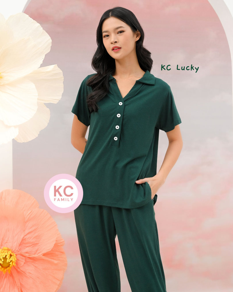 KC Lucky in Forest Green Piyama Wanita Lengan Pendek Celana Panjang Baju Tidur