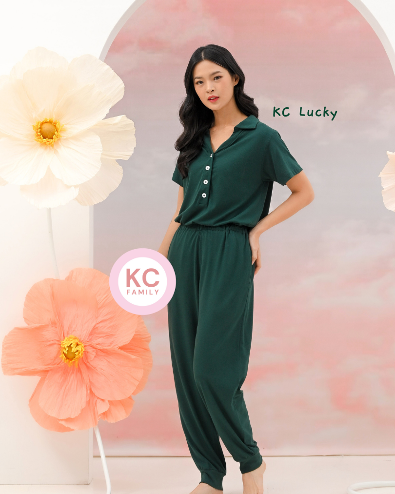 KC Lucky in Forest Green Piyama Wanita Lengan Pendek Celana Panjang Baju Tidur