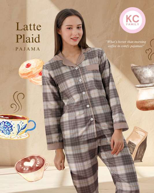 Classic Pajama in Latte Plaid Piyama Wanita Baju Tidur Lengan Panjang Celana Panjang