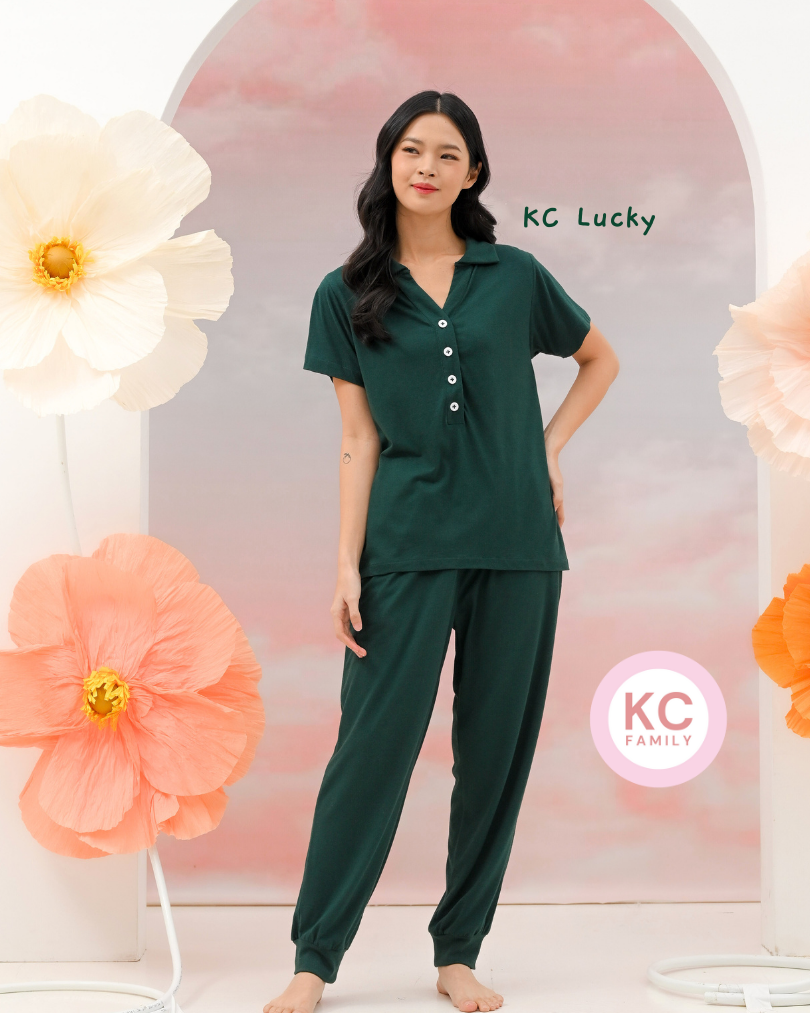 KC Lucky in Forest Green Piyama Wanita Lengan Pendek Celana Panjang Baju Tidur