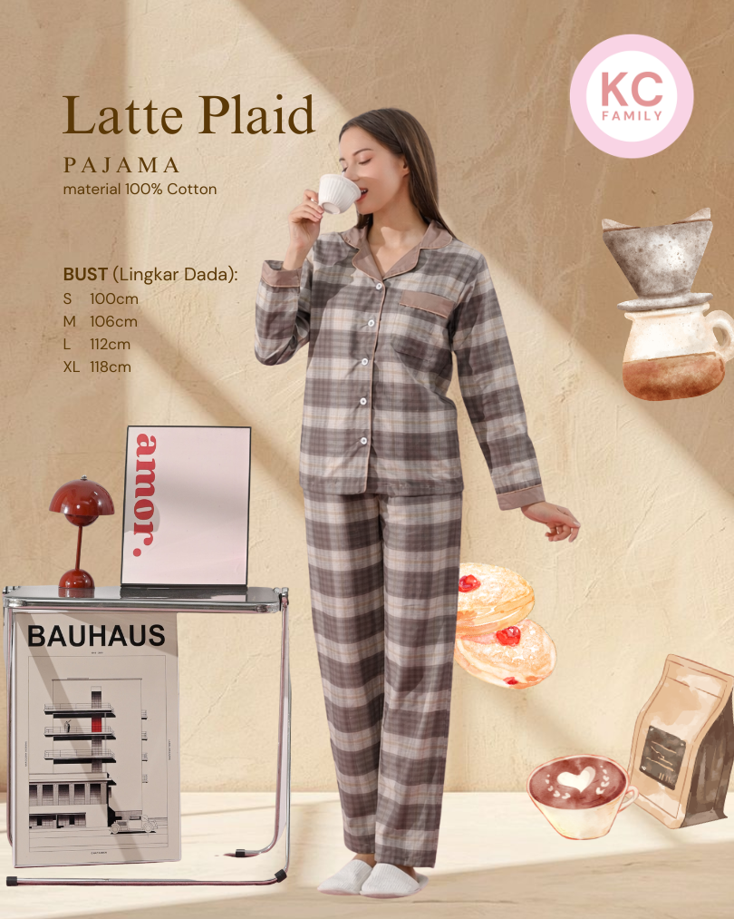 Classic Pajama in Latte Plaid Piyama Wanita Baju Tidur Lengan Panjang Celana Panjang