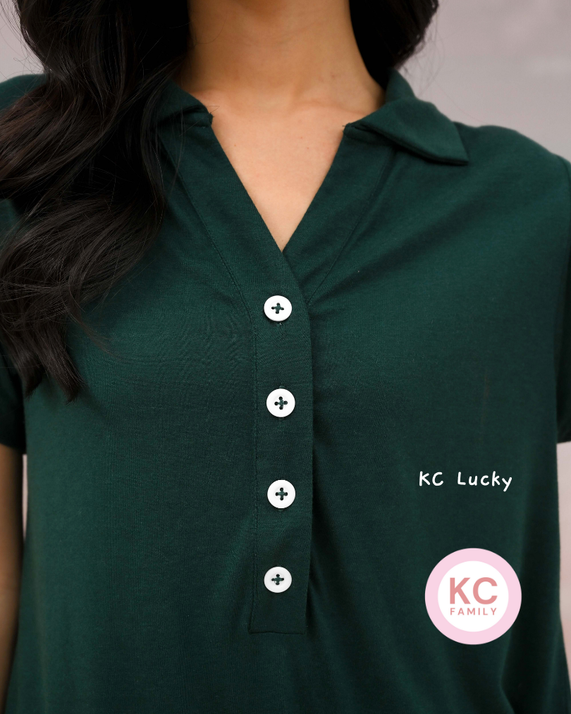 KC Lucky in Forest Green Piyama Wanita Lengan Pendek Celana Panjang Baju Tidur
