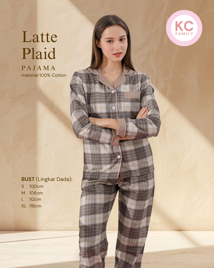 Classic Pajama in Latte Plaid Piyama Wanita Baju Tidur Lengan Panjang Celana Panjang