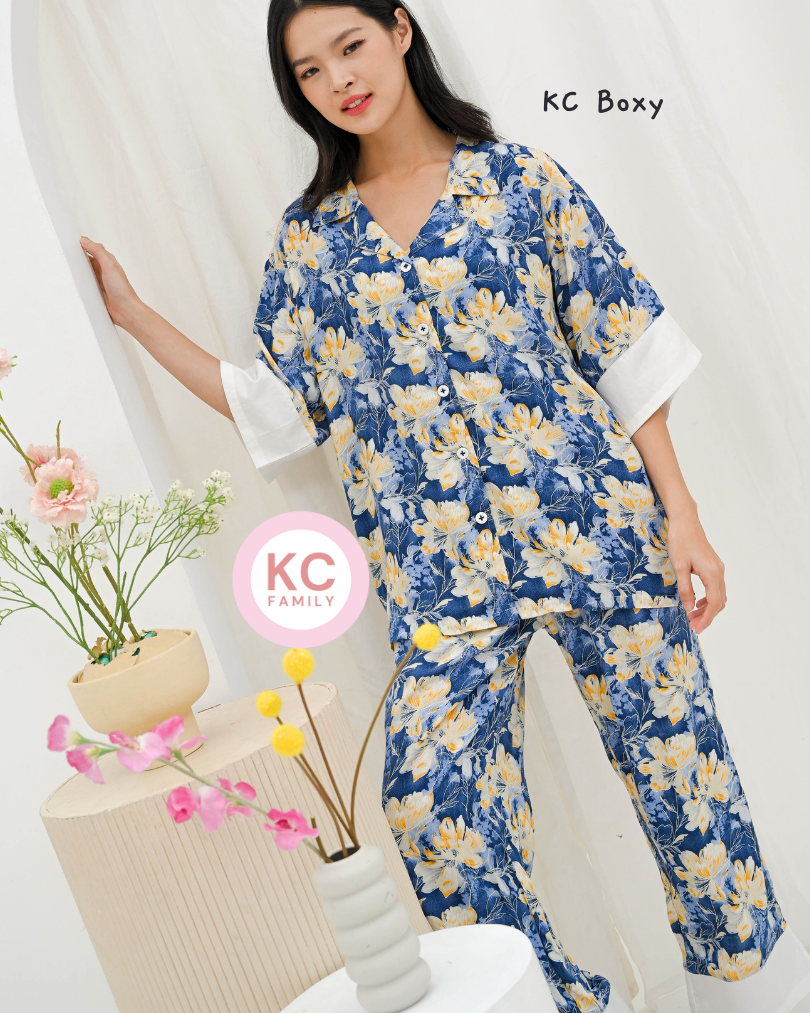KC Boxy In Starry Galaxy Blue Piyama Wanita / Baju Tidur Celana Panjang Lengan Sesiku