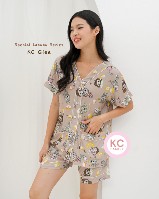 KC Glee in Moon Choco Labubu Piyama Baju Tidur Wanita Lengan Pendek Celana Pendek