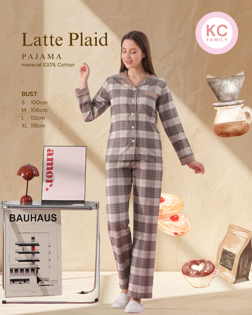 Classic Pajama in Latte Plaid Piyama Wanita Baju Tidur Lengan Panjang Celana Panjang