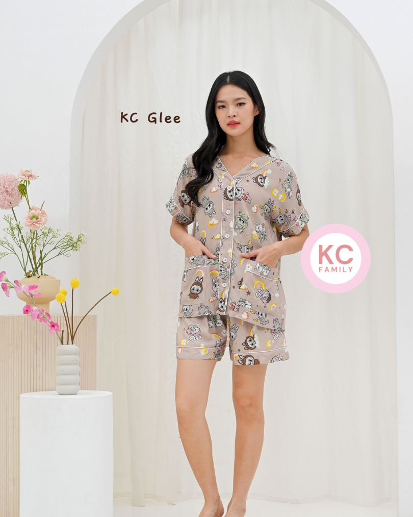 KC Glee in Moon Choco Labubu Piyama Baju Tidur Wanita Lengan Pendek Celana Pendek
