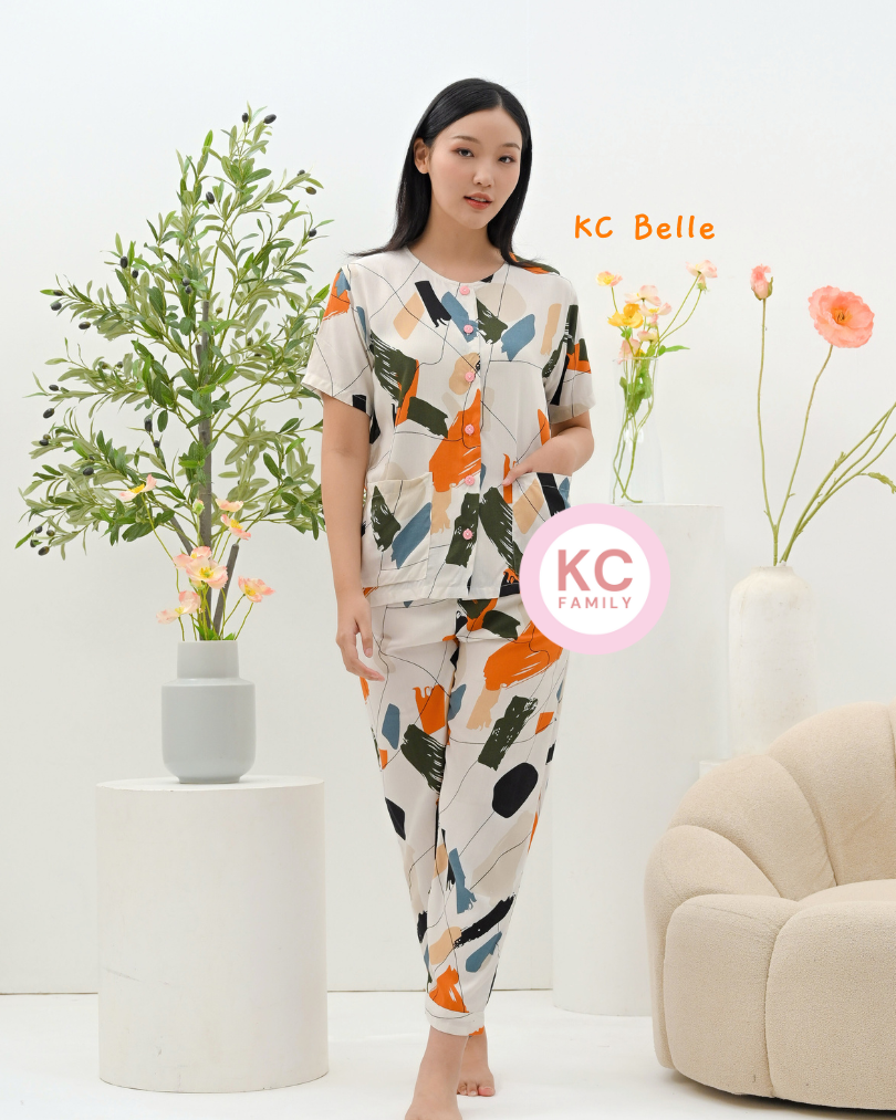 KC Belle in Abstract Brush Baju Tidur Wanita Celana Panjang Lengan Pendek