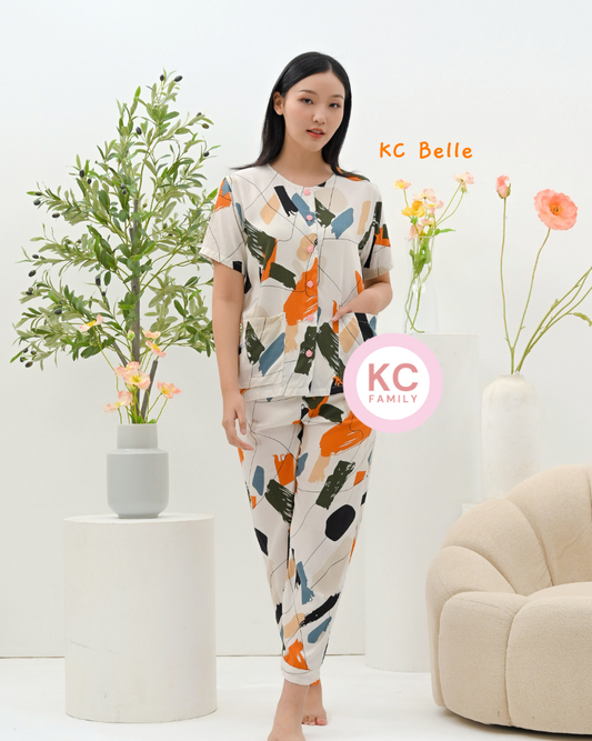 KC Belle in Abstract Brush Baju Tidur Wanita Celana Panjang Lengan Pendek