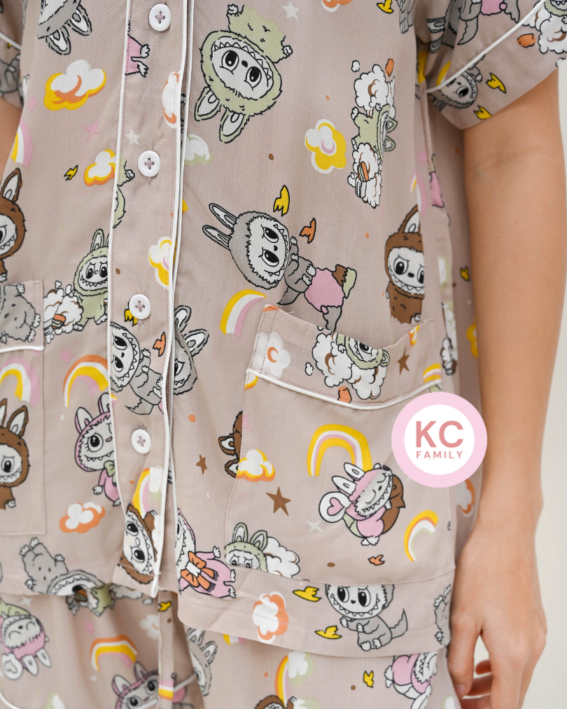 KC Glee in Moon Choco Labubu Piyama Baju Tidur Wanita Lengan Pendek Celana Pendek