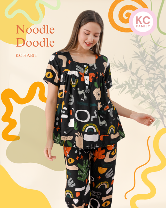KC Habit in Noodle Doodle Piyama Wanita Baju Tidur Lengan Pendek Celana Panjang