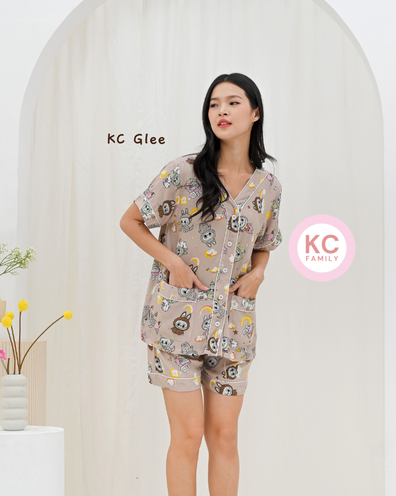 KC Glee in Moon Choco Labubu Piyama Baju Tidur Wanita Lengan Pendek Celana Pendek