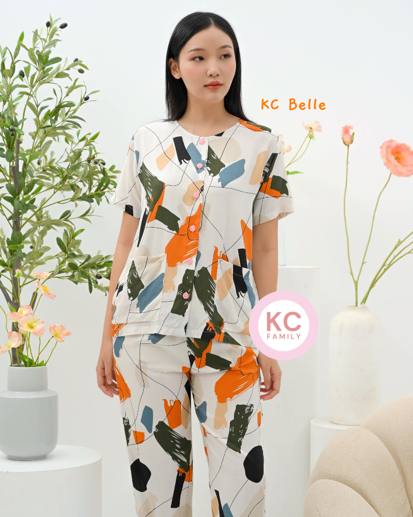 KC Belle in Abstract Brush Baju Tidur Wanita Celana Panjang Lengan Pendek