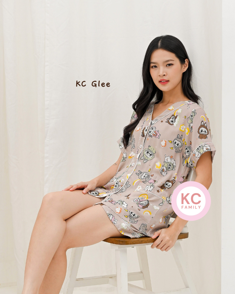 KC Glee in Moon Choco Labubu Piyama Baju Tidur Wanita Lengan Pendek Celana Pendek