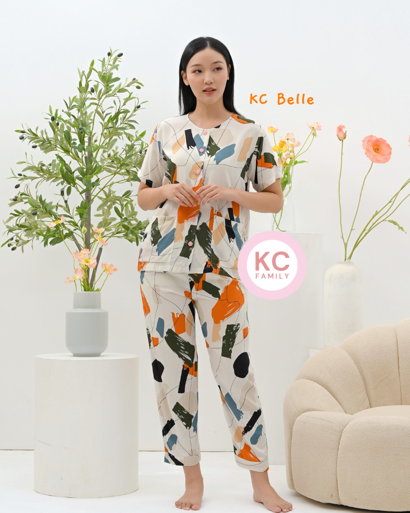 KC Belle in Abstract Brush Baju Tidur Wanita Celana Panjang Lengan Pendek