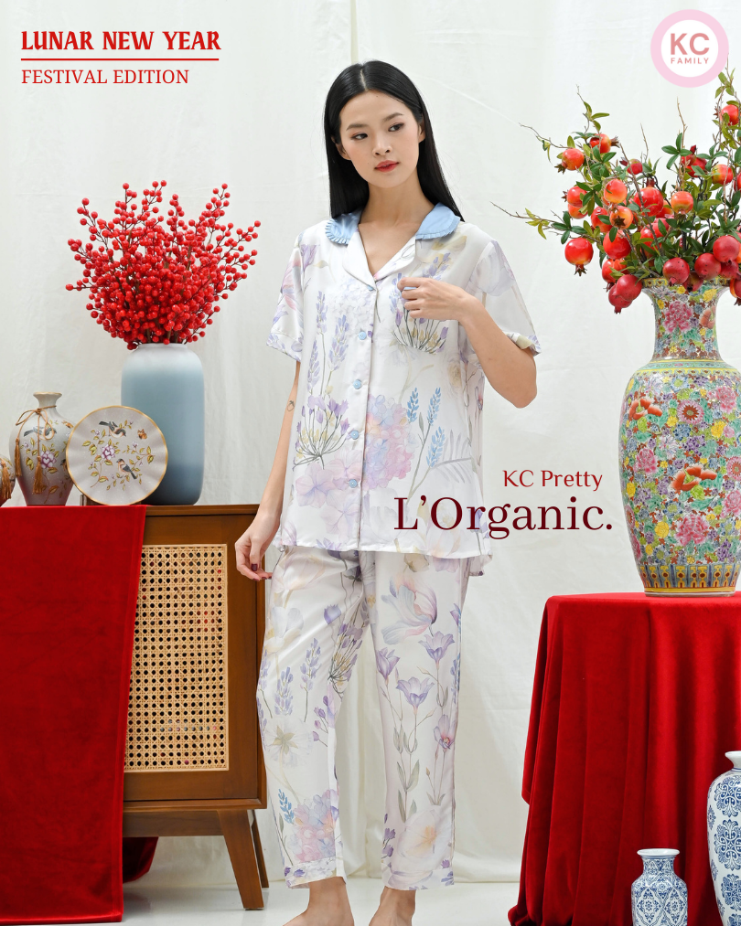 KC Pretty in Frosty Wisteria Baju Tidur Wanita Piyama Celana Panjang Lengan Pendek