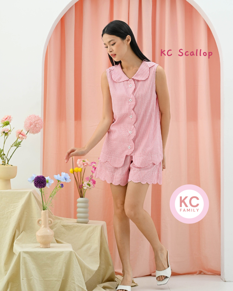 KC Scallop in Pink Houndstooth Piyama Wanita Baju Tidur Wanita Lengan Pendek Celana Pendek