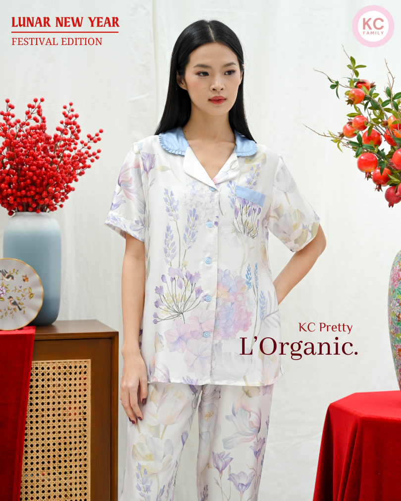 KC Pretty in Frosty Wisteria Baju Tidur Wanita Piyama Celana Panjang Lengan Pendek