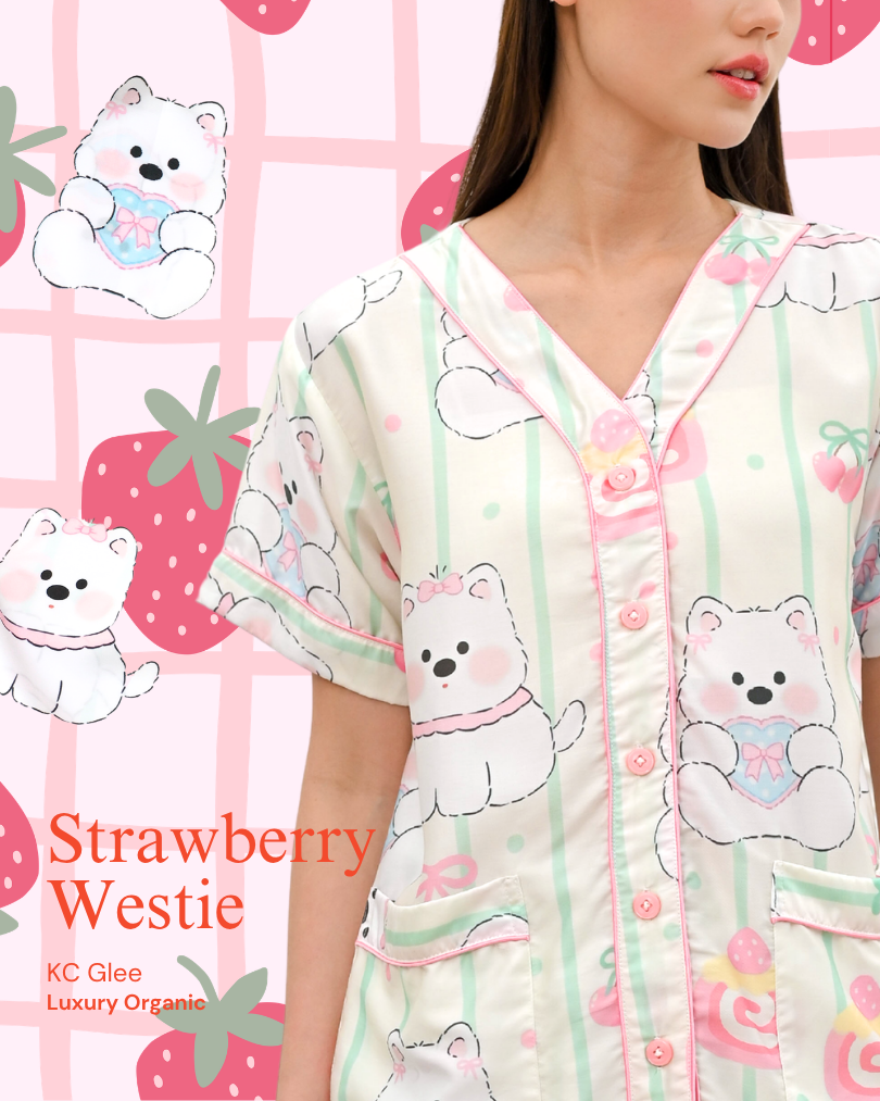 KC Glee in Strawberry Westie Piyama Wanita  Baju Tidur Lengan Pendek Celana Panjang