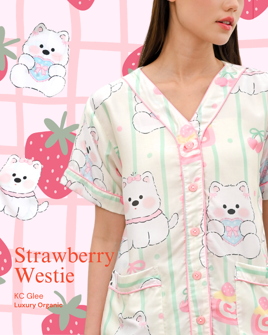KC Glee in Strawberry Westie Piyama Wanita  Baju Tidur Lengan Pendek Celana Panjang