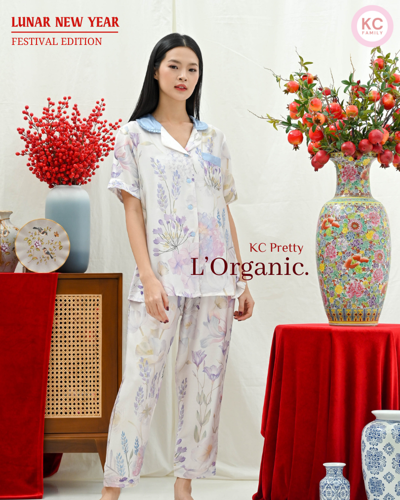 KC Pretty in Frosty Wisteria Baju Tidur Wanita Piyama Celana Panjang Lengan Pendek