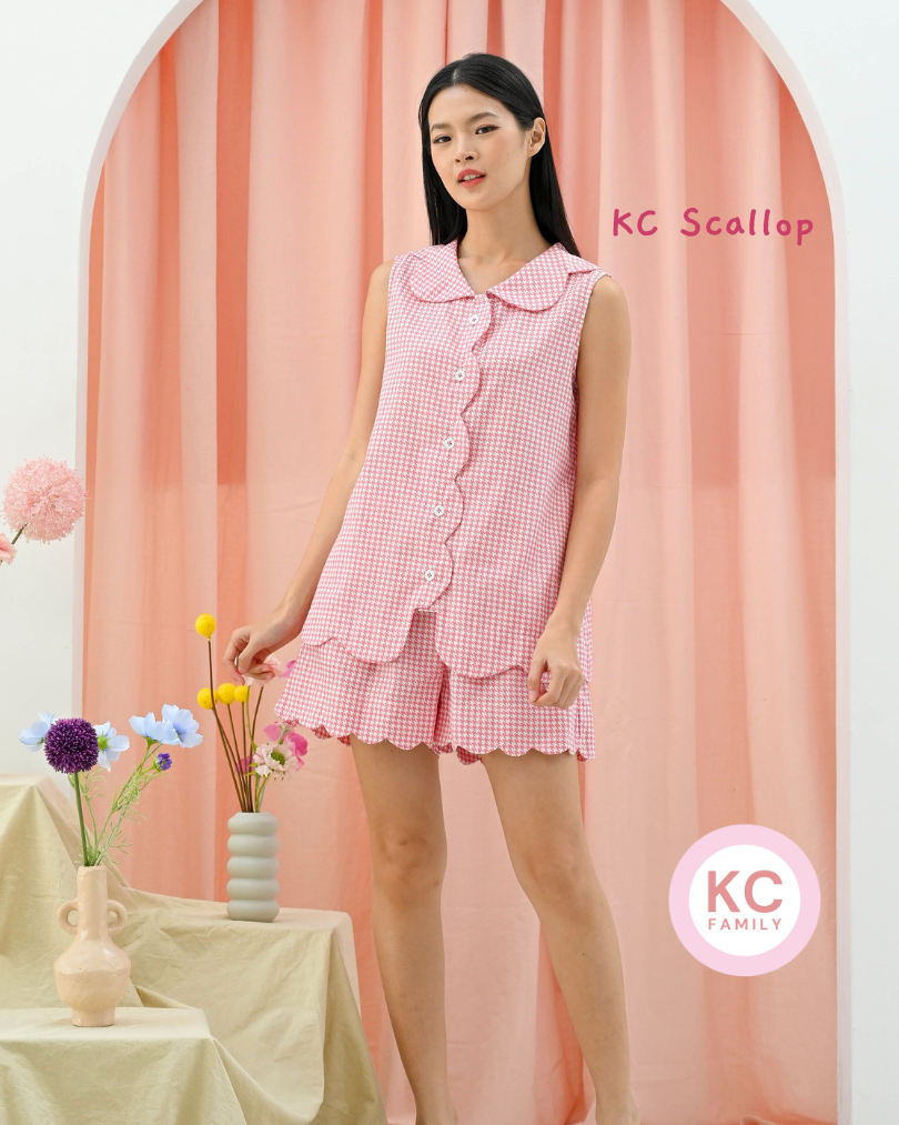 KC Scallop in Pink Houndstooth Piyama Wanita Baju Tidur Wanita Lengan Pendek Celana Pendek