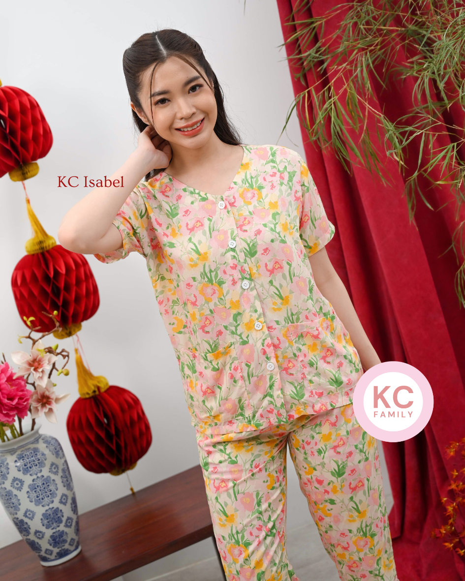 KC Isabel in Morning Bloom Piyama Baju Tidur Wanita Kerah V neck Celana 7/8