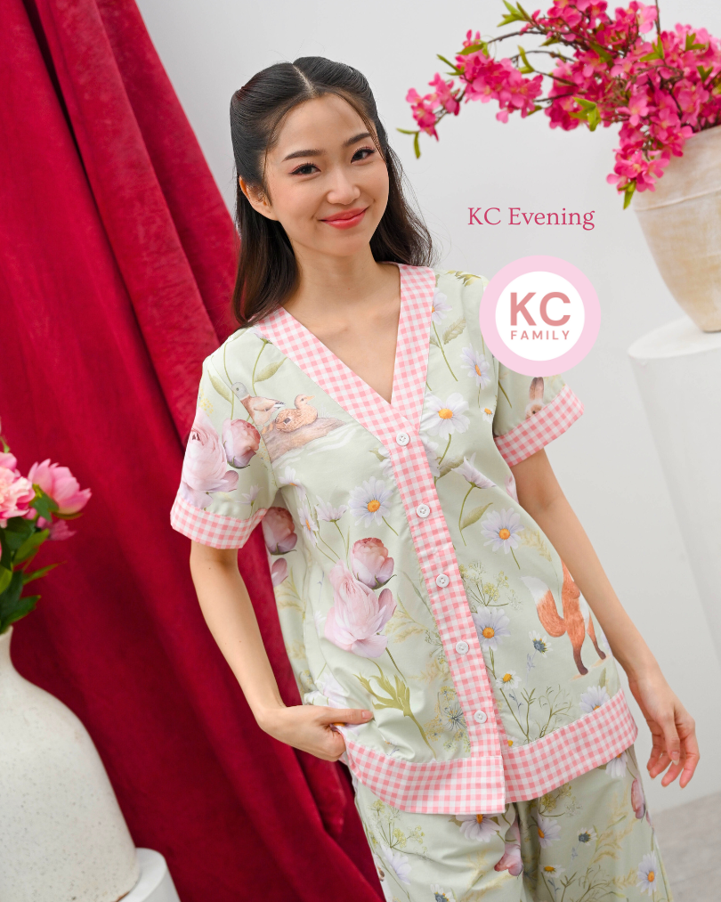 KC Evening in Forest Bunny Piyama Wanita  Baju Tidur Lengan Pendek Celana Panjang