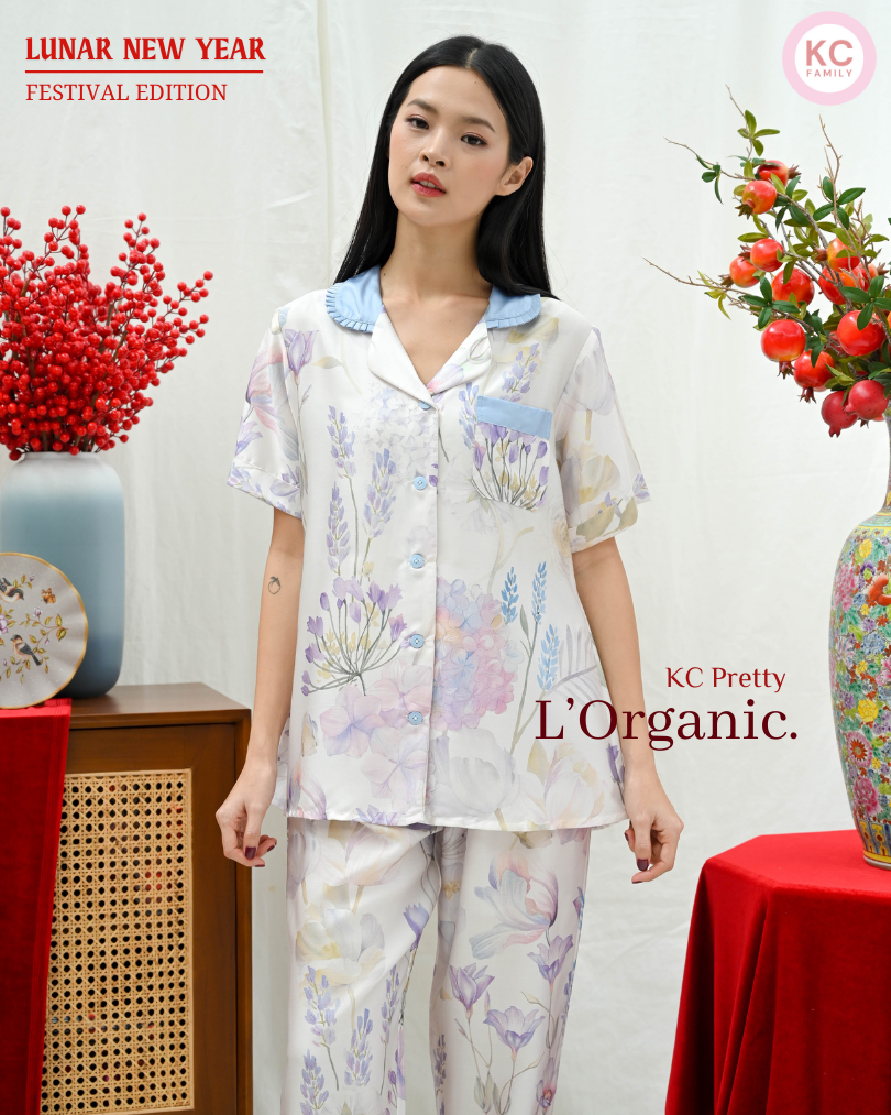 KC Pretty in Frosty Wisteria Baju Tidur Wanita Piyama Celana Panjang Lengan Pendek