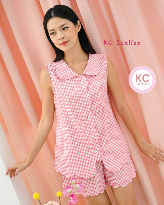 KC Scallop in Pink Houndstooth Piyama Wanita Baju Tidur Wanita Lengan Pendek Celana Pendek