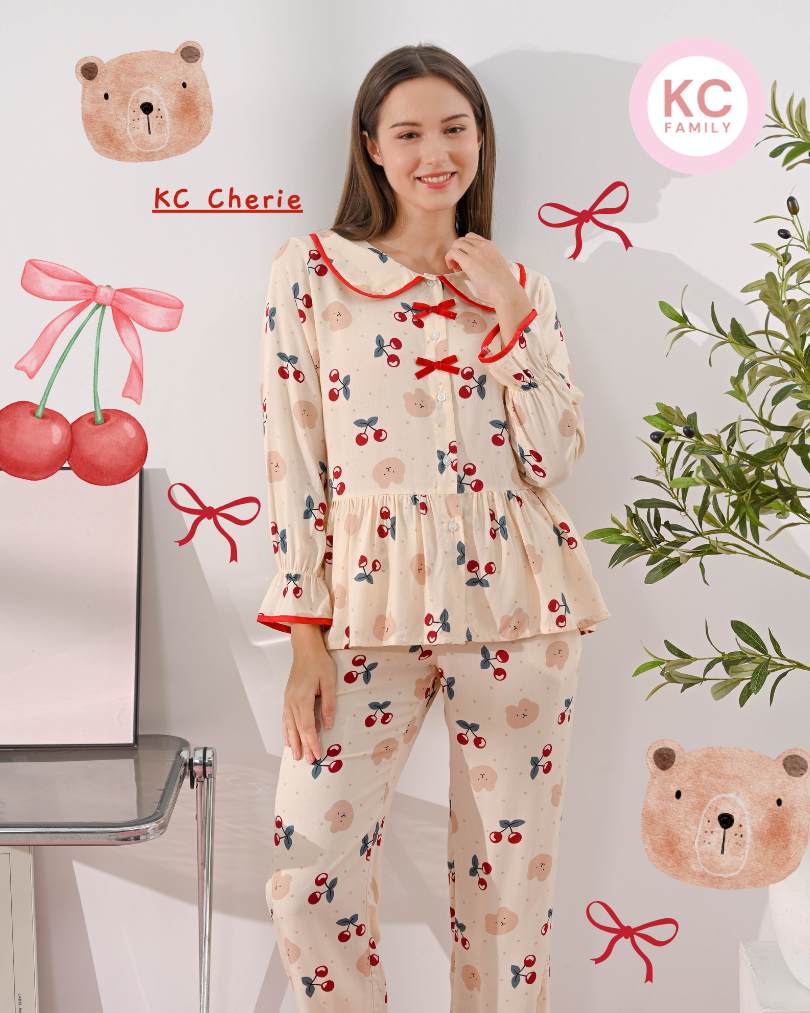 KC Cherie in Cherry Bear Piyama Wanita Baju Tidur Lengan Panjang Celana Panjang