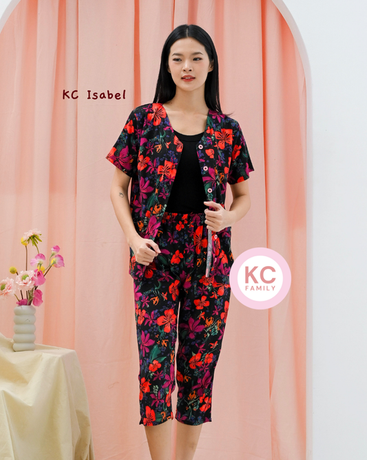 KC Isabel in Tropical Noir Piyama Baju Tidur Wanita Kerah V neck Celana 7/8