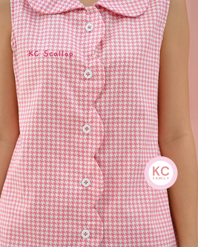 KC Scallop in Pink Houndstooth Piyama Wanita Baju Tidur Wanita Lengan Pendek Celana Pendek