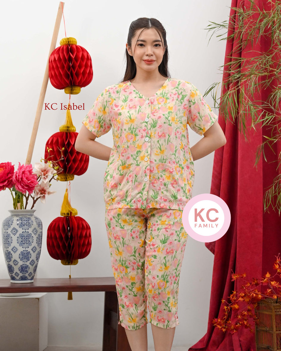 KC Isabel in Morning Bloom Piyama Baju Tidur Wanita Kerah V neck Celana 7/8