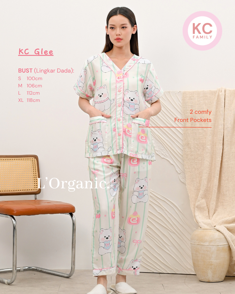 KC Glee in Strawberry Westie Piyama Wanita  Baju Tidur Lengan Pendek Celana Panjang