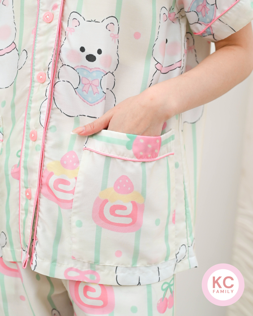 KC Glee in Strawberry Westie Piyama Wanita  Baju Tidur Lengan Pendek Celana Panjang