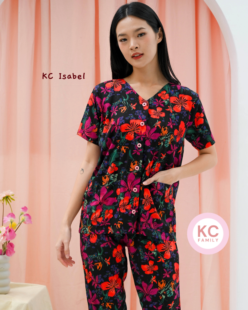 KC Isabel in Tropical Noir Piyama Baju Tidur Wanita Kerah V neck Celana 7/8